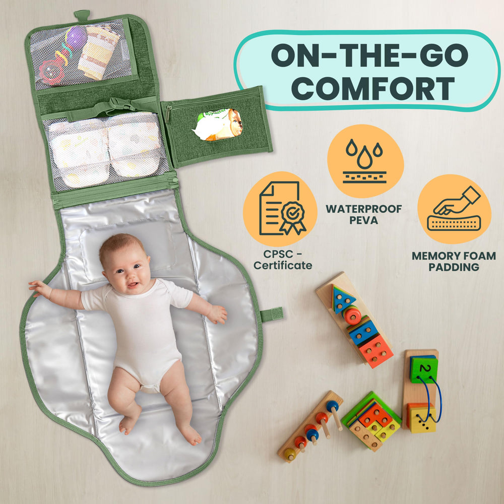 Pillani portable baby changing pad in use for on-the-go diaper changes.