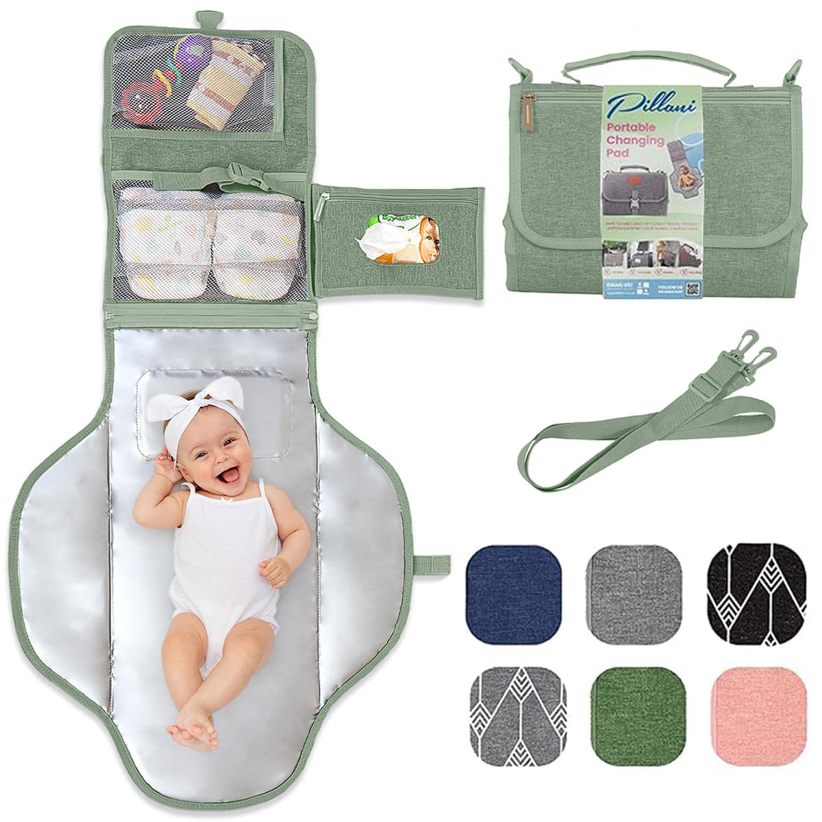 Pillani portable changing pad open surface with wipes pocket for quick diaper changes
