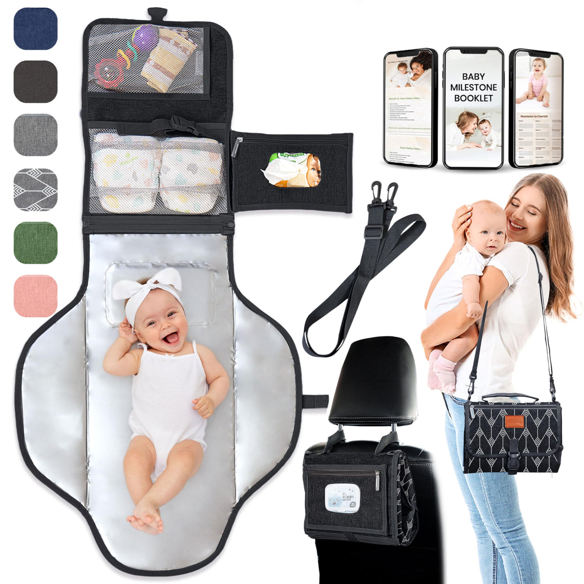 Pillani portable changing pad folded clutch for compact storage on outings.