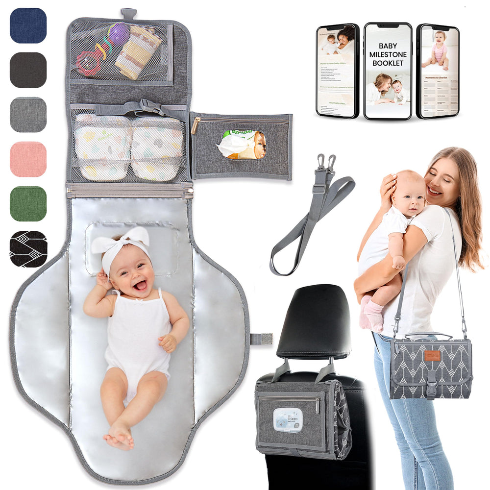 Pillani portable changing pad folded into a compact clutch for travel convenience.