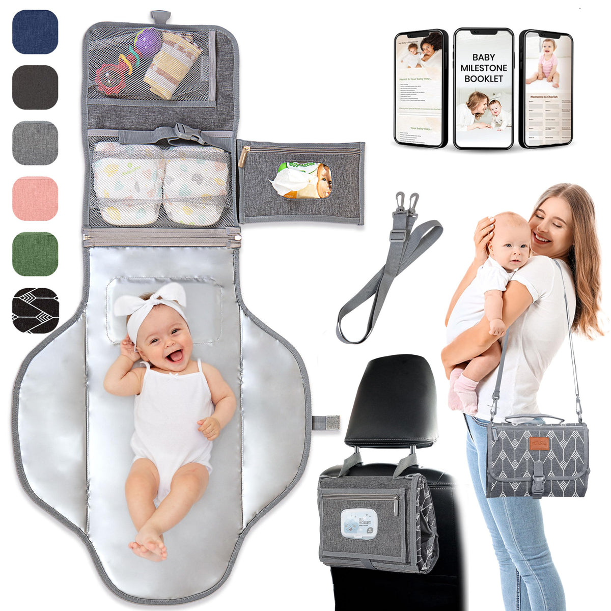 Pillani portable changing pad folded into a compact clutch for travel convenience.