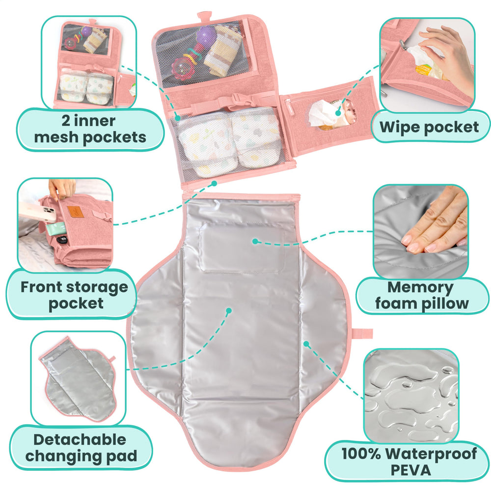 Pillani portable changing pad one-hand use supports quick diaper changes.