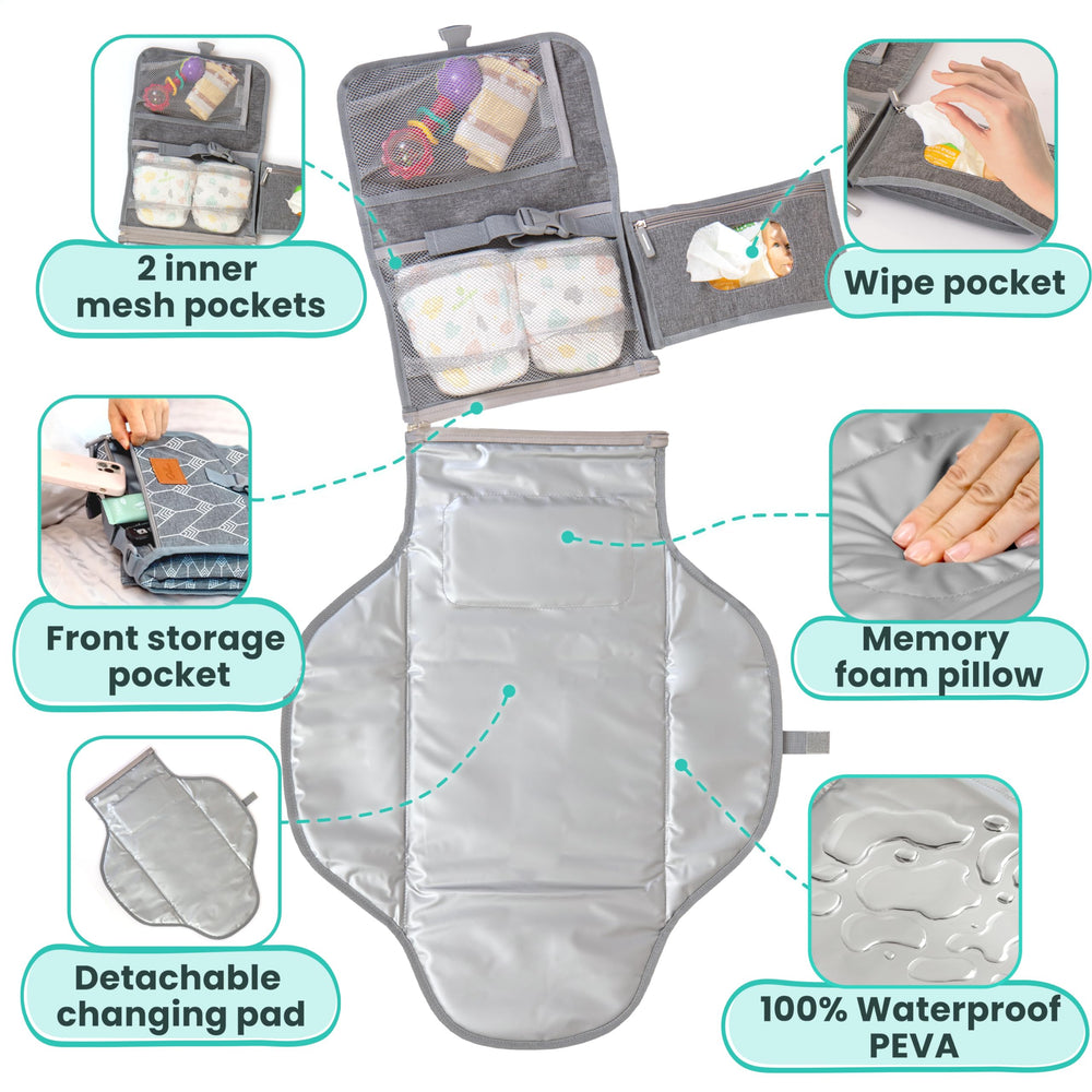 Pillani portable changing pad with one-handed buckle for quick changes.