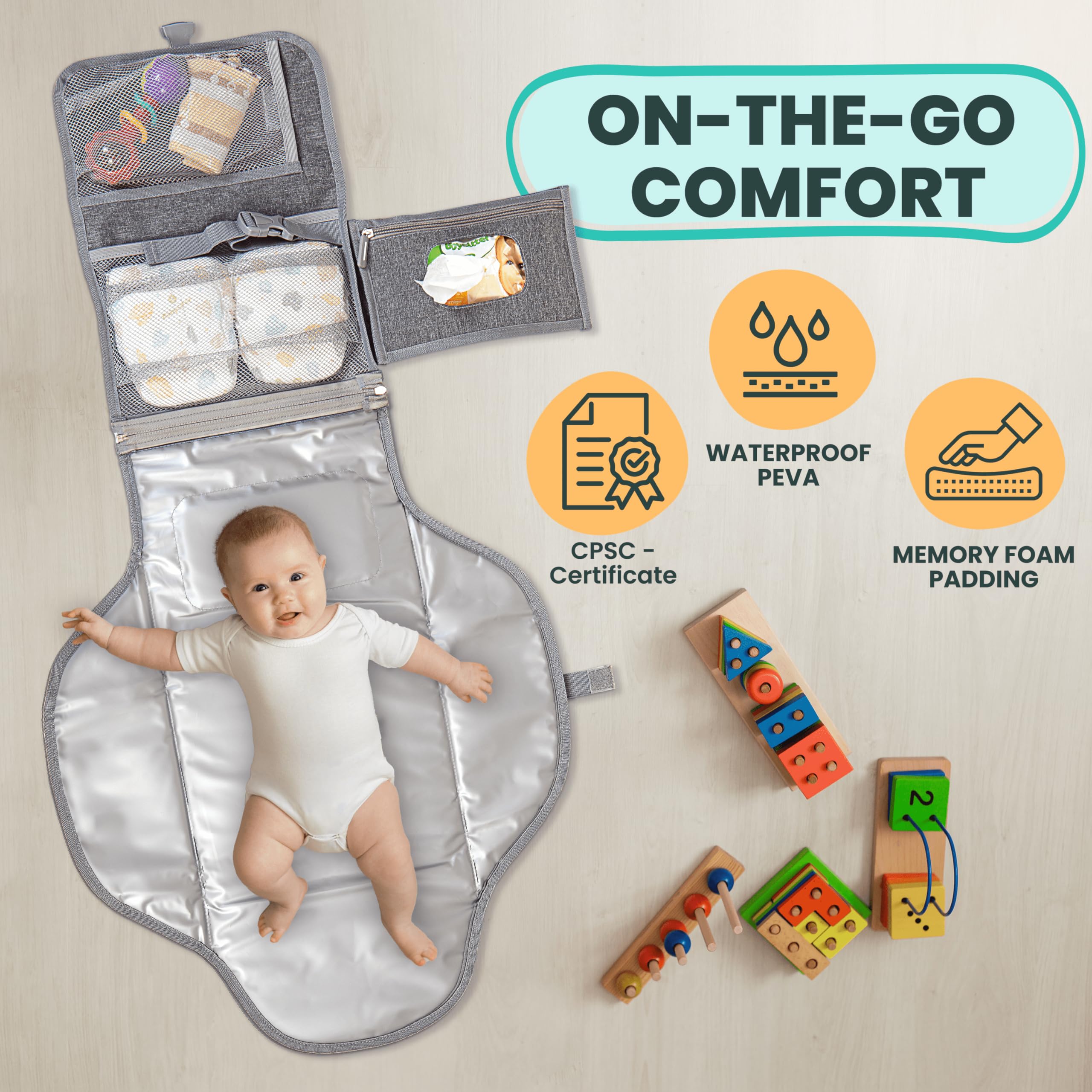 Pillani portable changing pad open to a 27x22 inch surface for comfort.