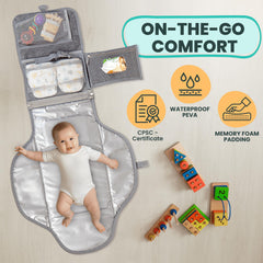 Pillani portable changing pad open to a 27x22 inch surface for comfort.