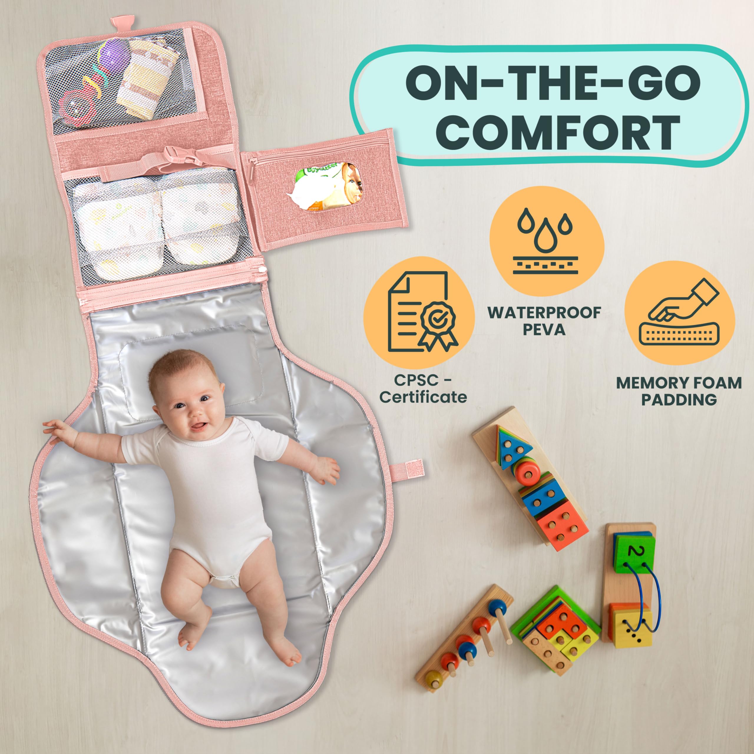 Pillani portable changing pad open layout shows roomy changing surface for newborns.