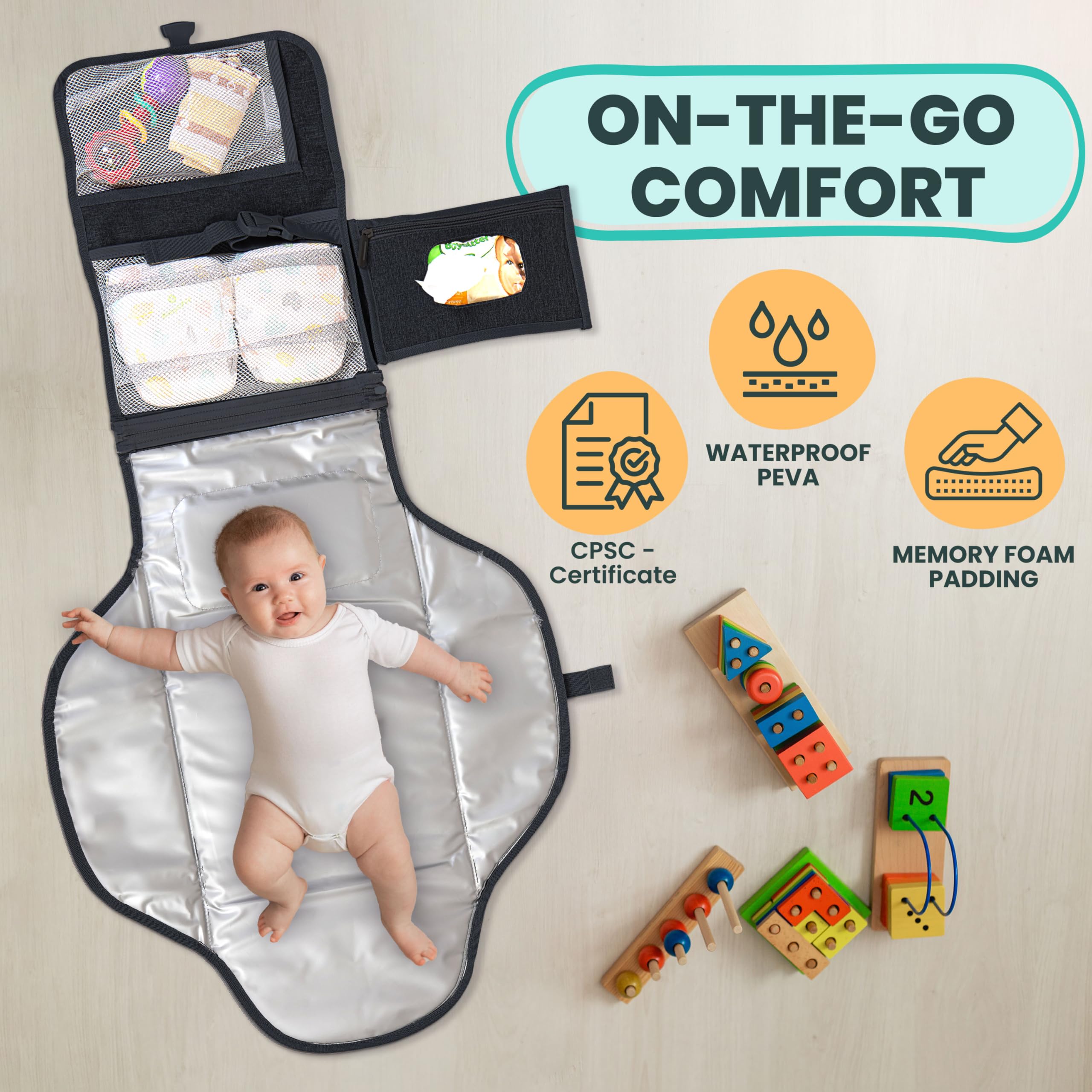 Pillani portable changing pad open layout reveals large surface for quick diaper changes.