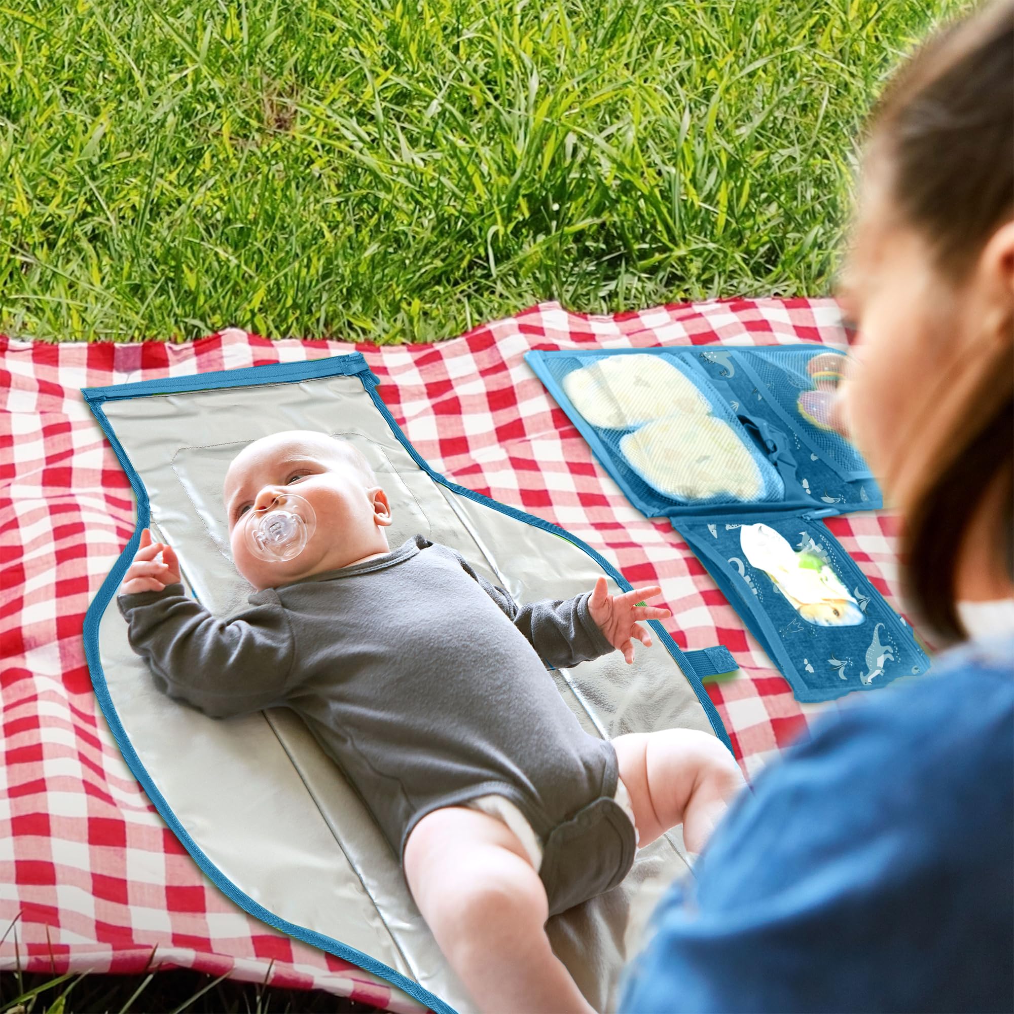 Pillani portable changing pad open reveals full 27x22 inch changing area for comfort.