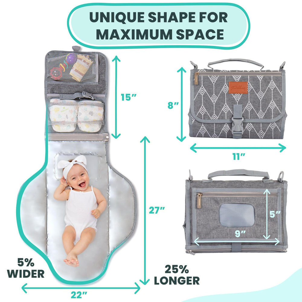 Pillani portable changing pad strap attachment secured to a stroller for hands-free travel.