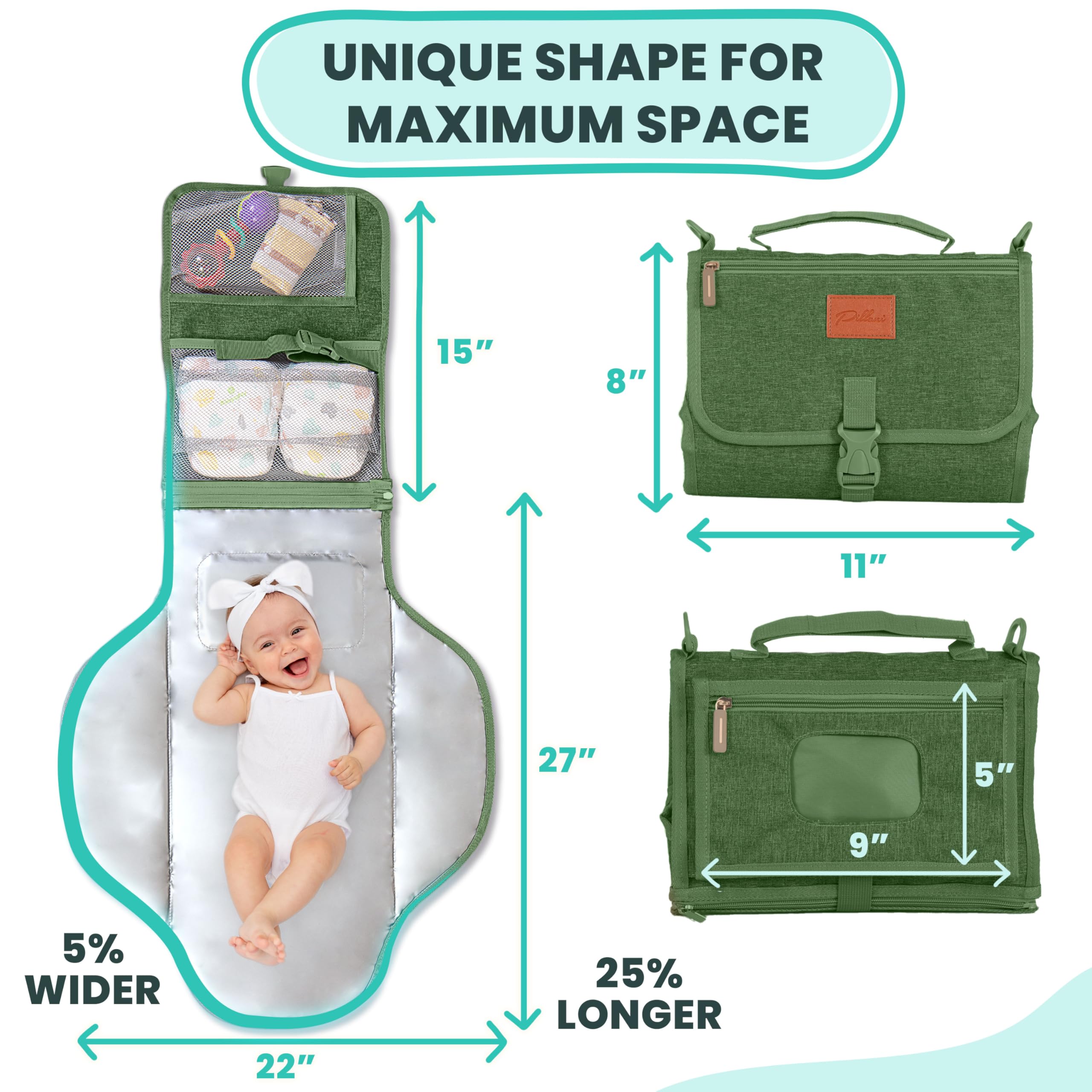 Pillani portable changing pad attached to stroller for hands-free changes.