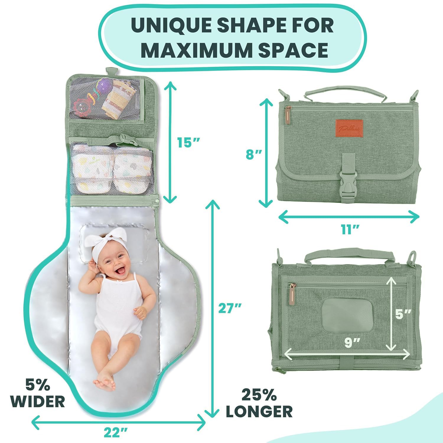 Pillani changing pad attached to stroller strap showing easy carry solution