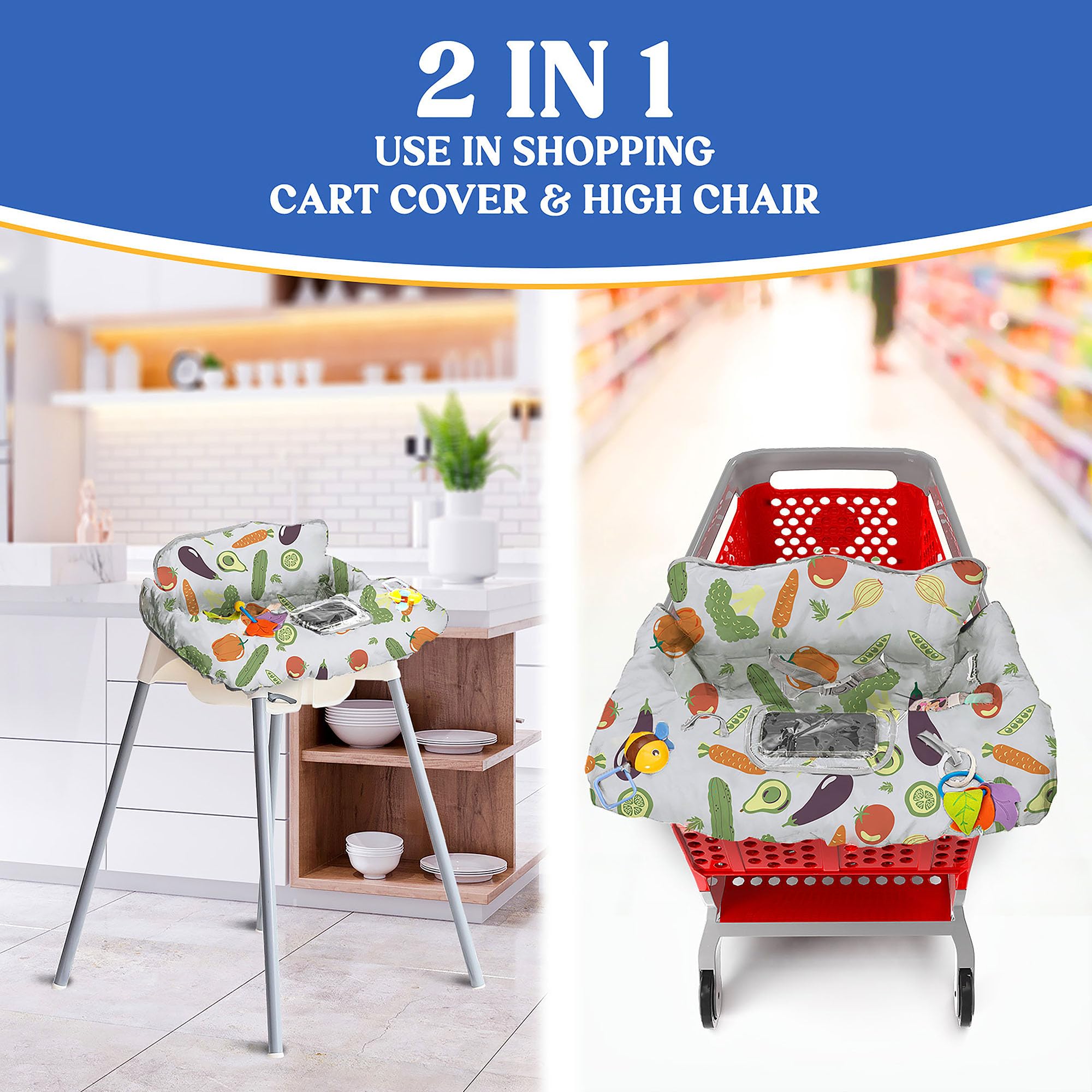 PILLANI shopping-cart-cover-two-designs provides playful options for boys or girls.