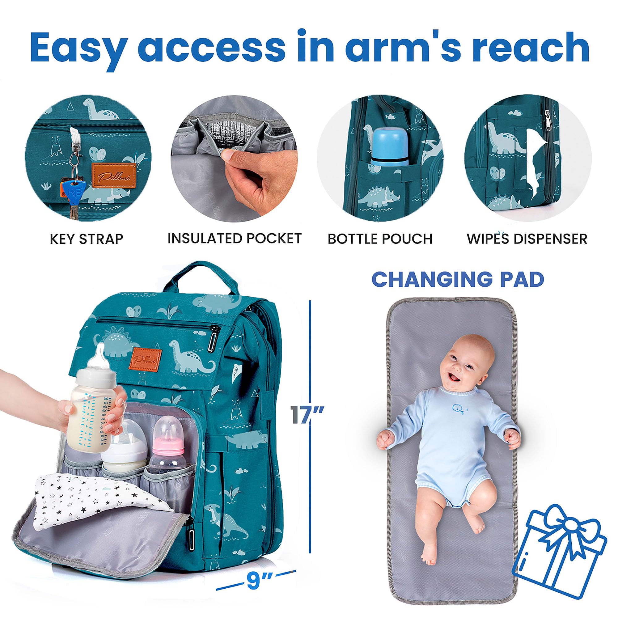 Pillani diaper backpack with built-in stroller straps for hands-free travel.