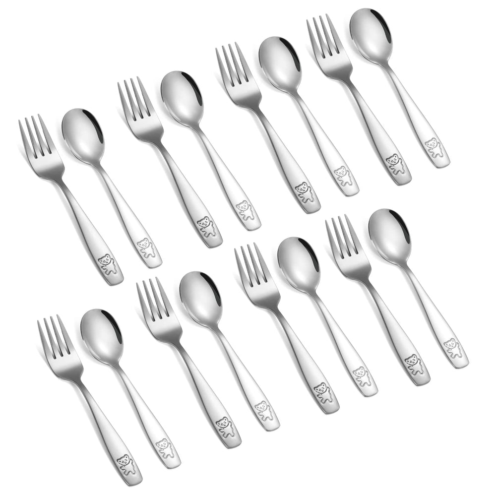 Pimoys 16-piece toddler utensils set with spoon and fork for self-feeding ease
