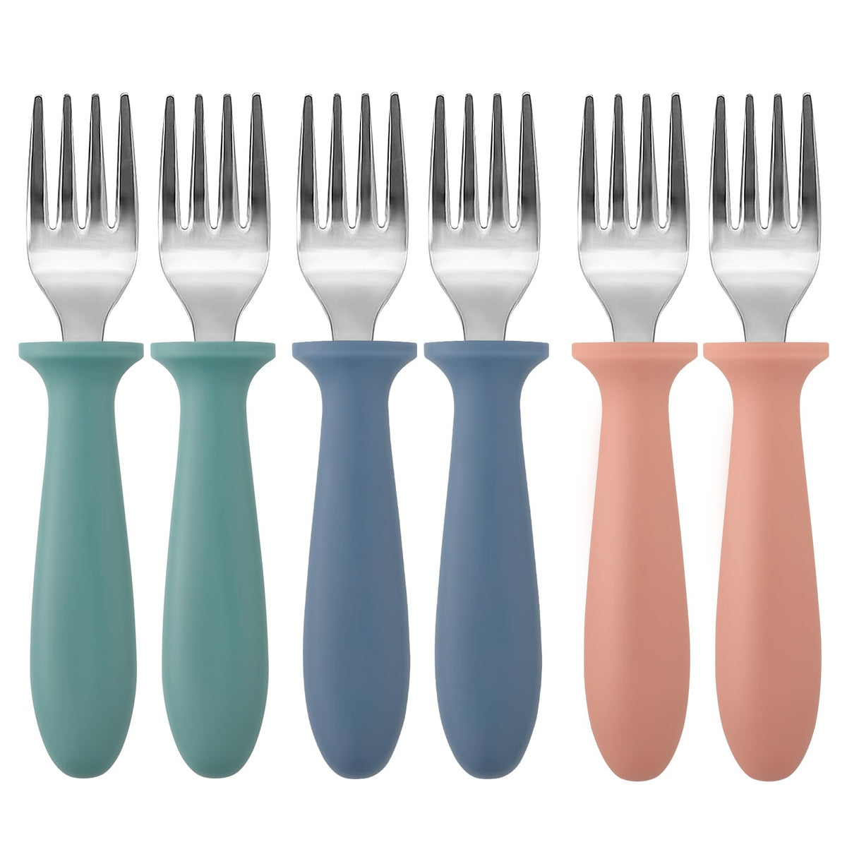 Pimoys 6-pack stainless steel toddler forks shown with dishwasher-safe design for easy cleanup.