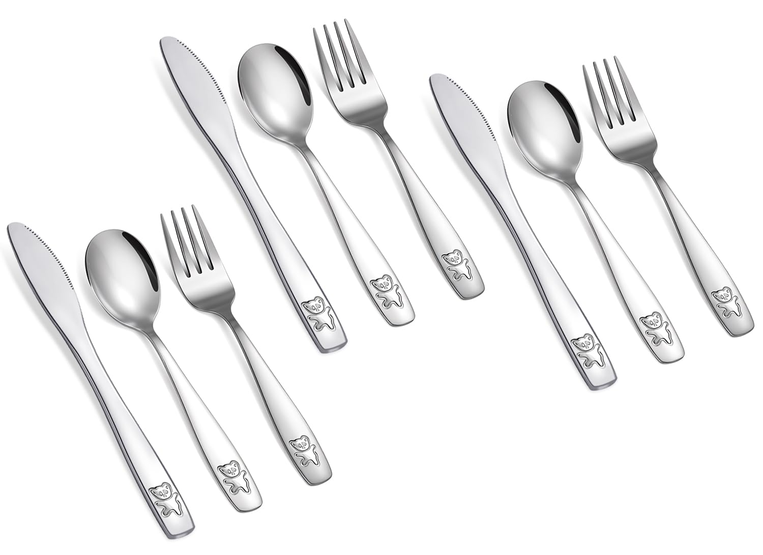 Pimoys 9-piece kids silverware set with dishwasher-safe finish for easy cleanup.