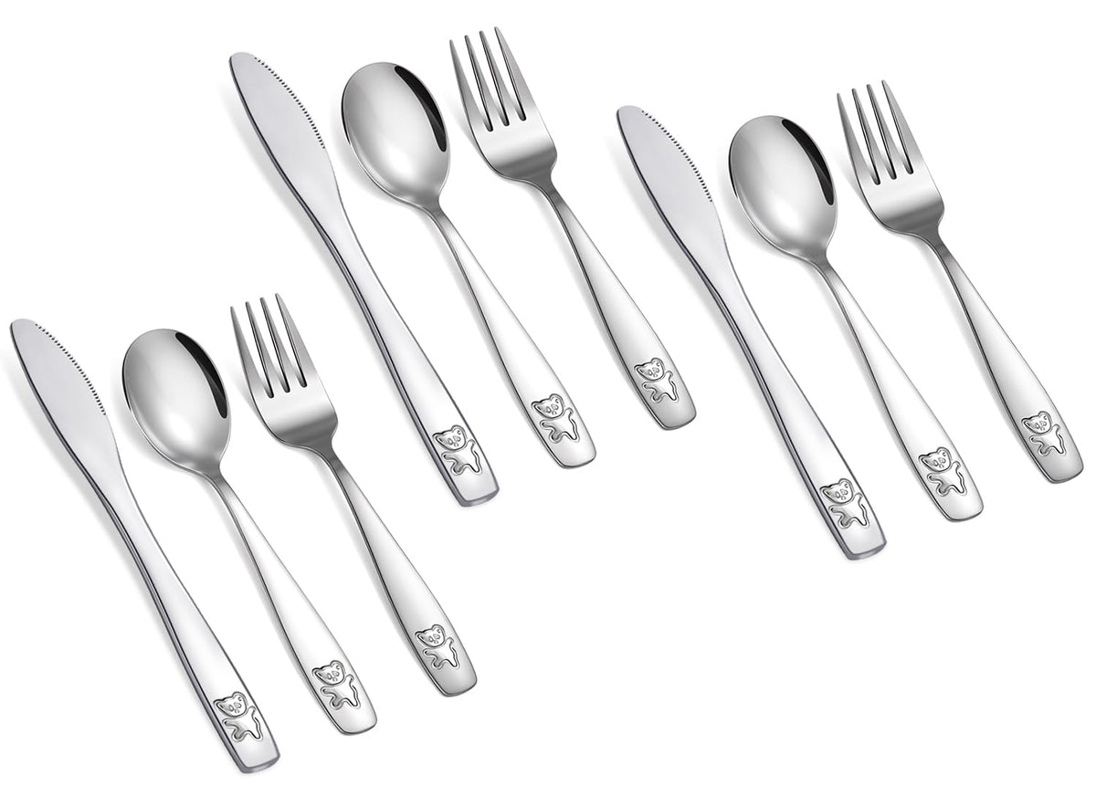 Pimoys 9-piece kids silverware set with dishwasher-safe finish for easy cleanup.