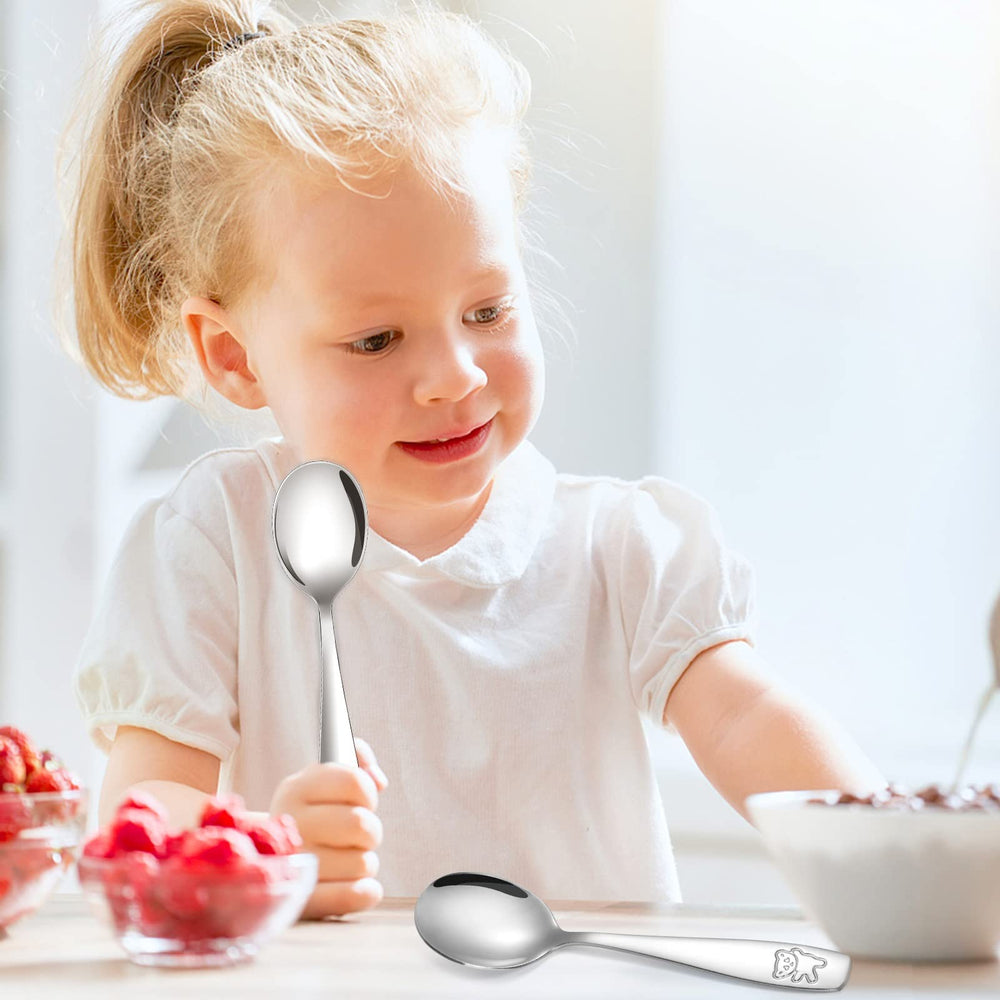 Pimoys adult-like-size kid utensils help children learn self-feeding.