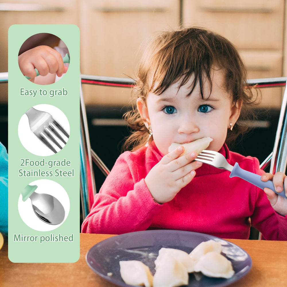 Pimoys colorful plastic-handle utensils for kid-friendly mealtimes.