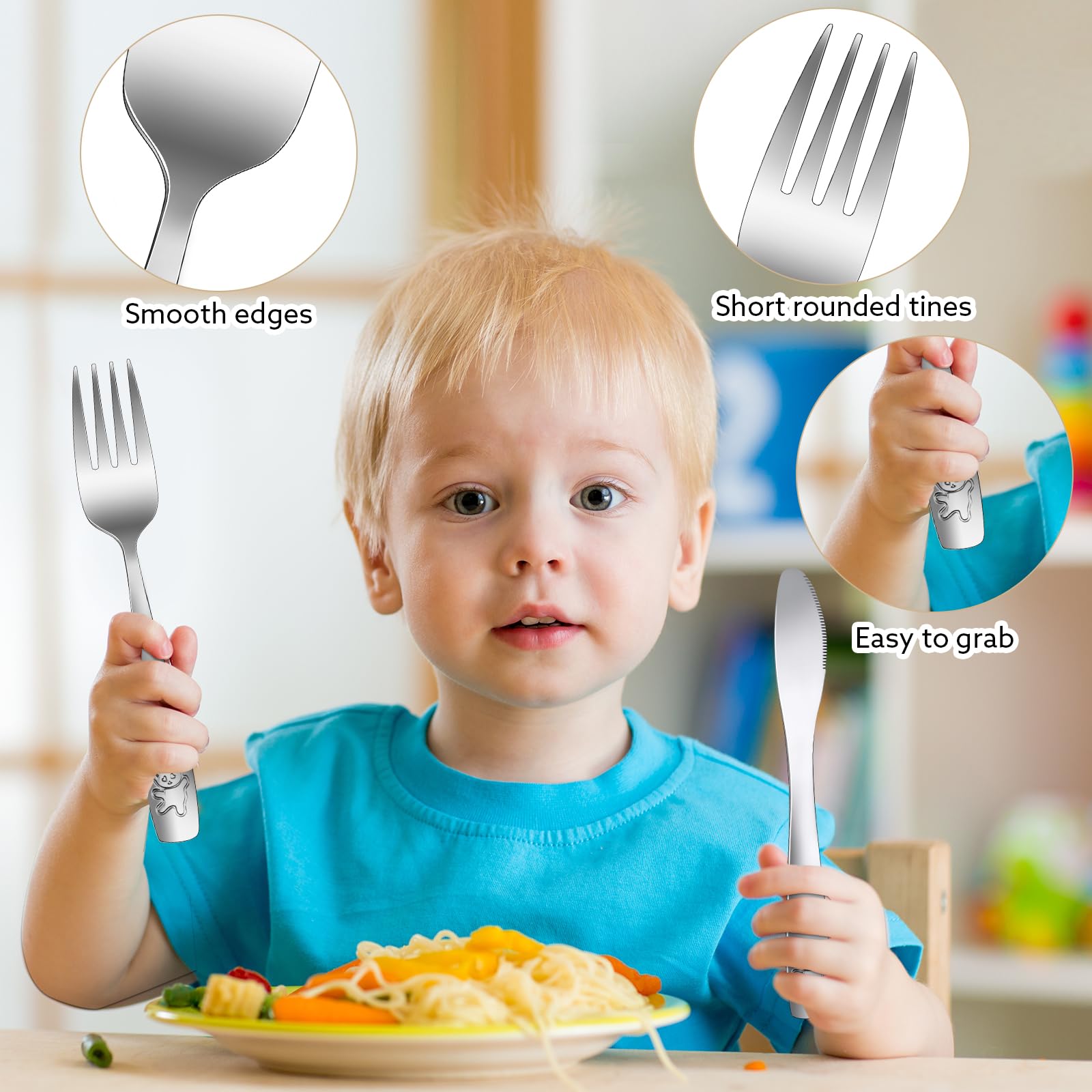 Pimoys bear-patterned spoons and forks appealing to toddlers and preschoolers.