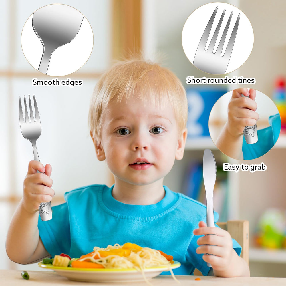 Pimoys bear-patterned spoons and forks appealing to toddlers and preschoolers.