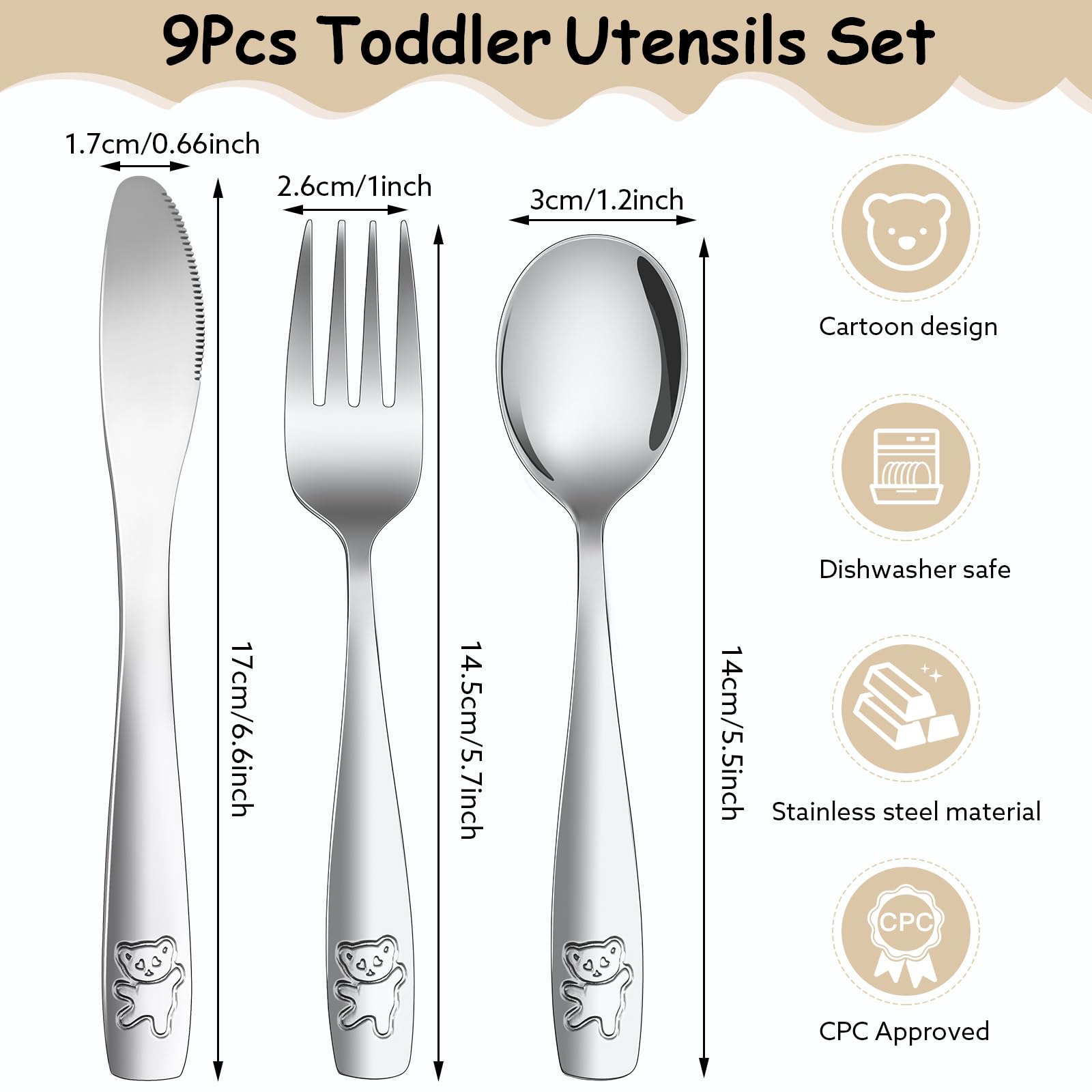 Pimoys kids silverware set shows ergonomic hand-size handles for small hands.