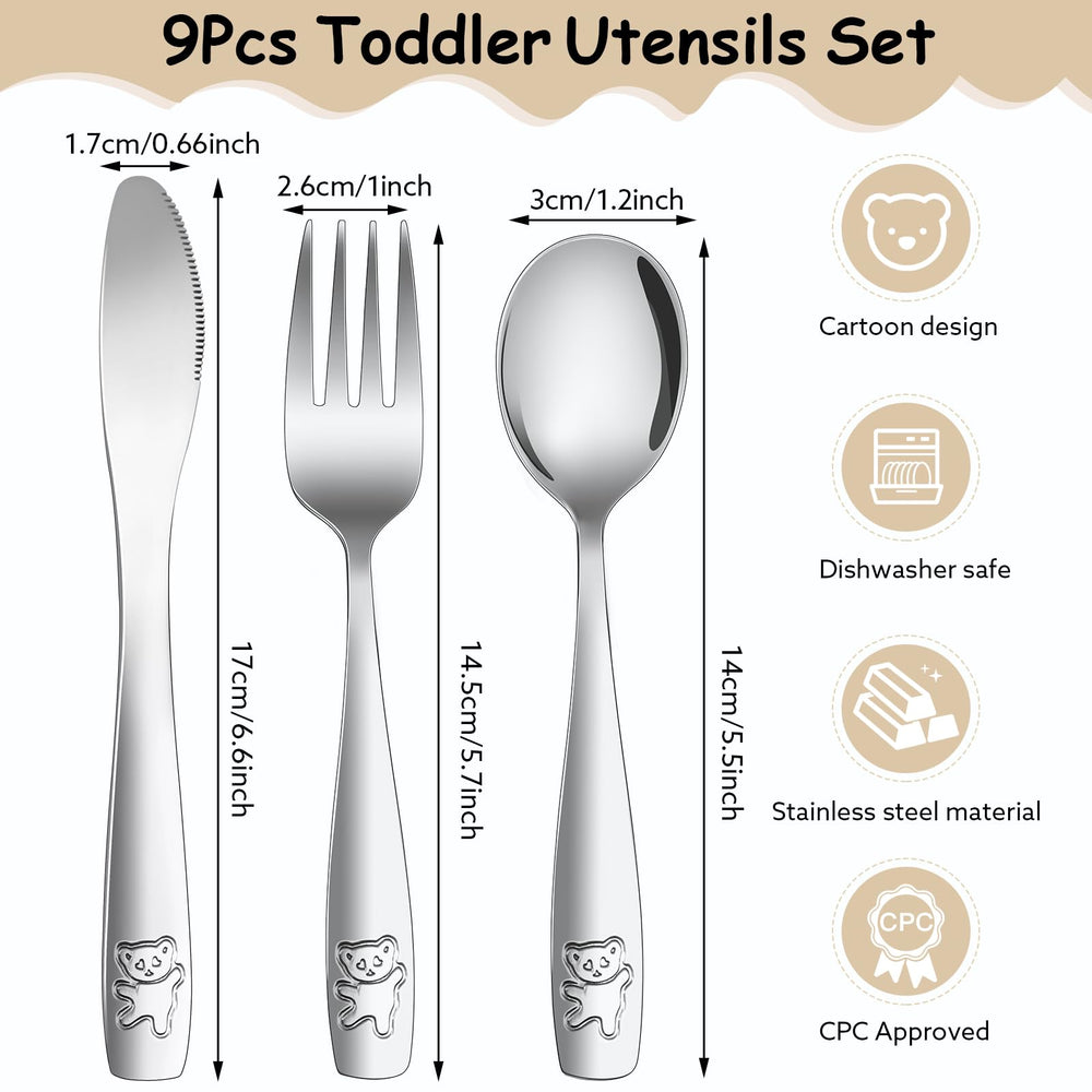 Pimoys kids silverware set shows ergonomic hand-size handles for small hands.