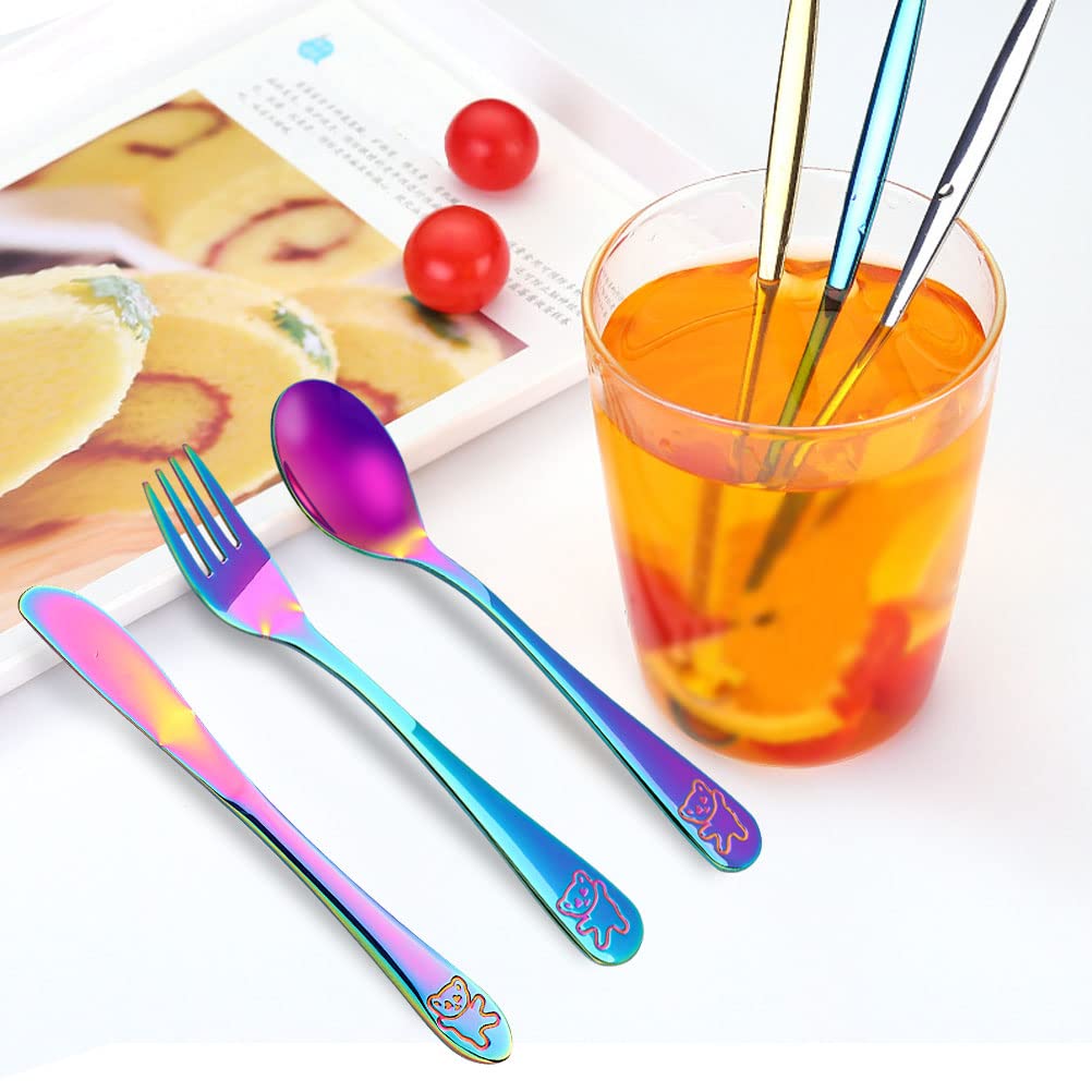 Pimoys rainbow kids silverware on dining table promotes independent eating and color-bright joy