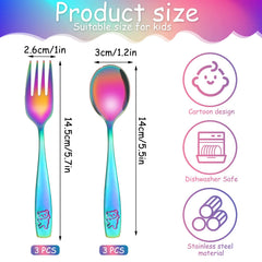 Pimoys rainbow kids silverware forks closeup emphasizes rounded tines and easy grip