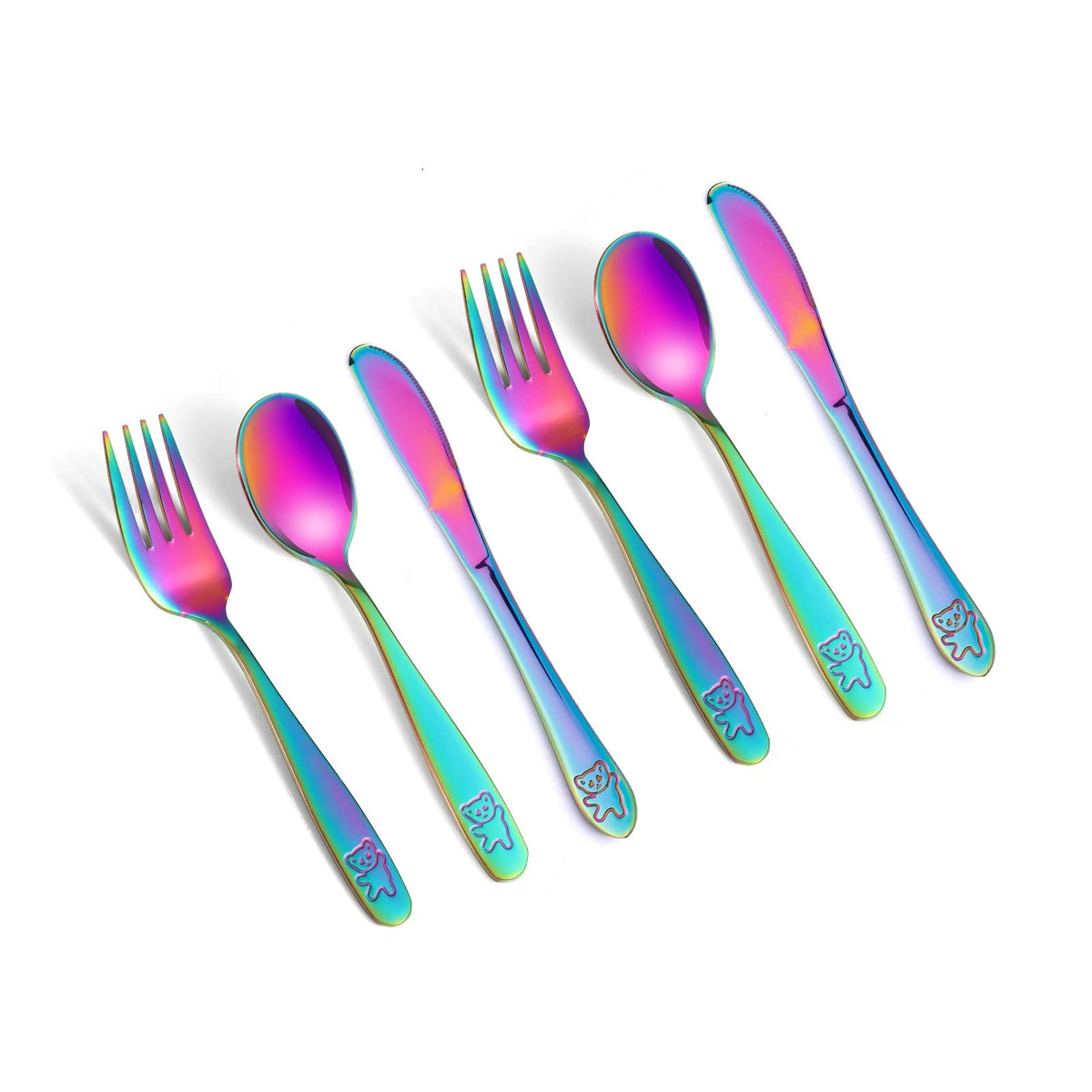 Pimoys rainbow kids silverware knives closeup showing safe non-serrated blades for learning self-feeding