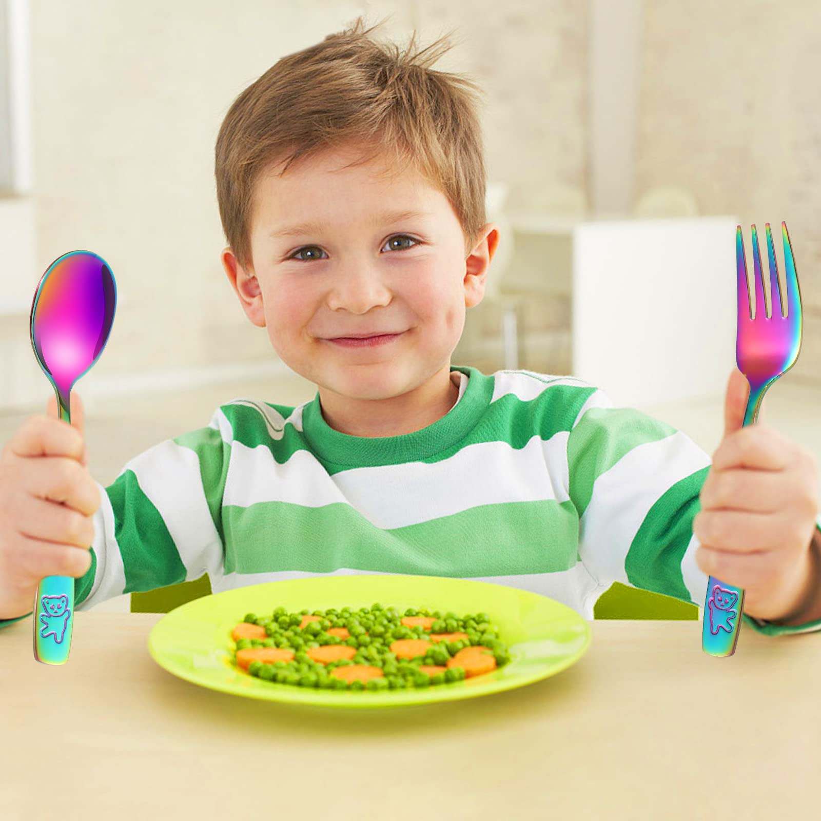 Pimoys rainbow kids silverware spoons closeup highlights smooth edges for safe meals