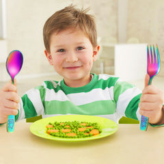 Pimoys rainbow kids silverware spoons closeup highlights smooth edges for safe meals