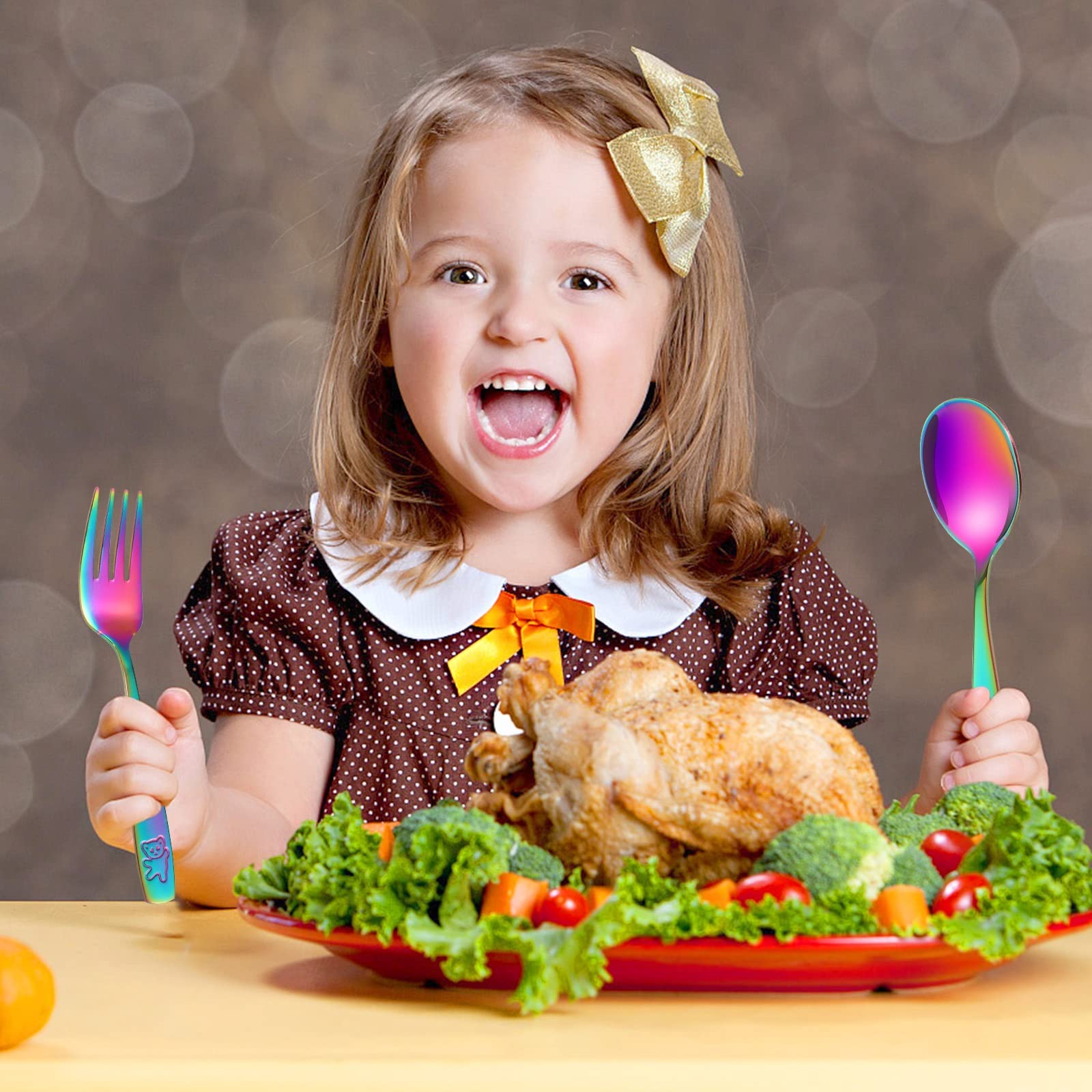 Pimoys rainbow toddler utensils bear engraved forks and spoons with playful look