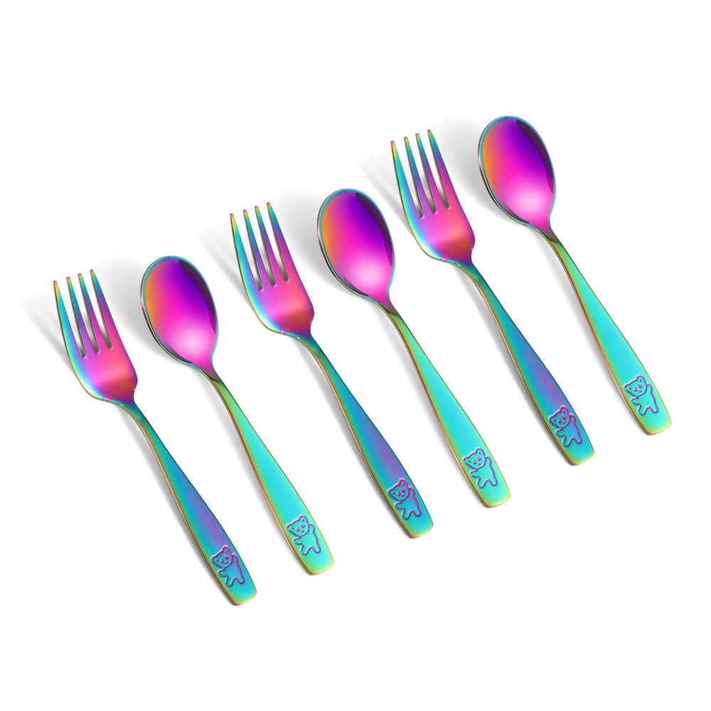 Pimoys rainbow toddler utensils forks with colorful design for easy self-feeding