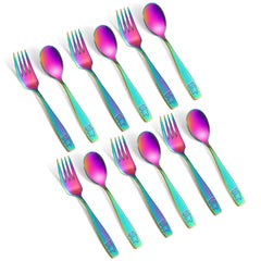 Pimoys rainbow toddler utensils set for safe self-feeding with nickel-free stainless steel.