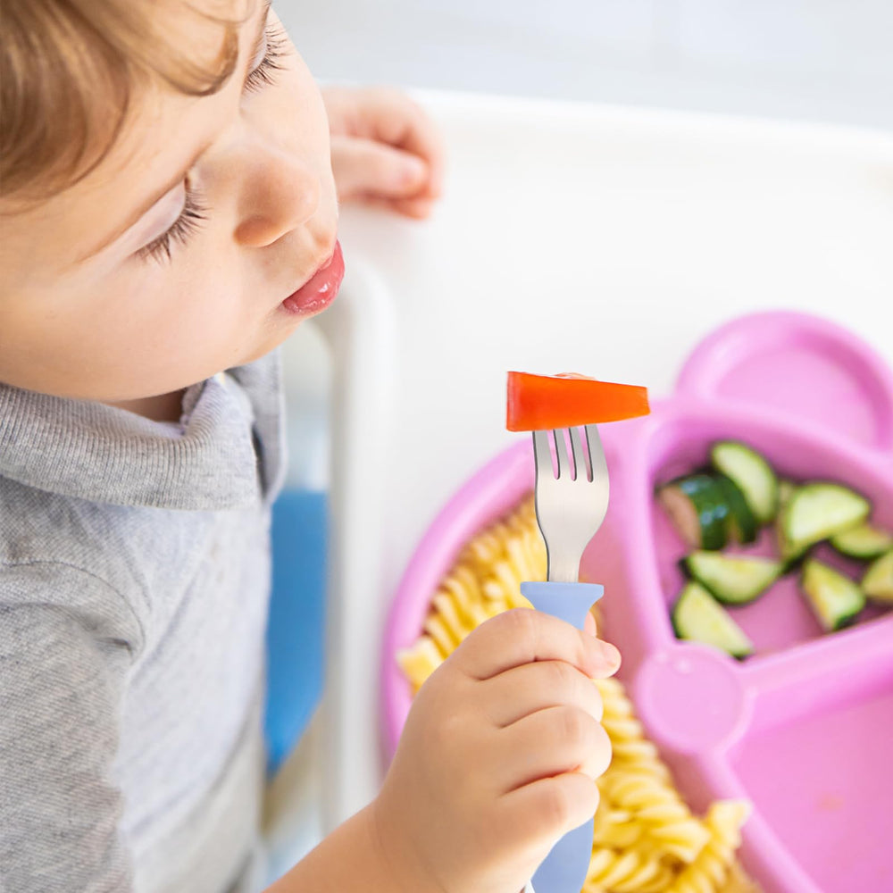 Pimoys 6-pack toddler forks in three colors support varied mealtimes.