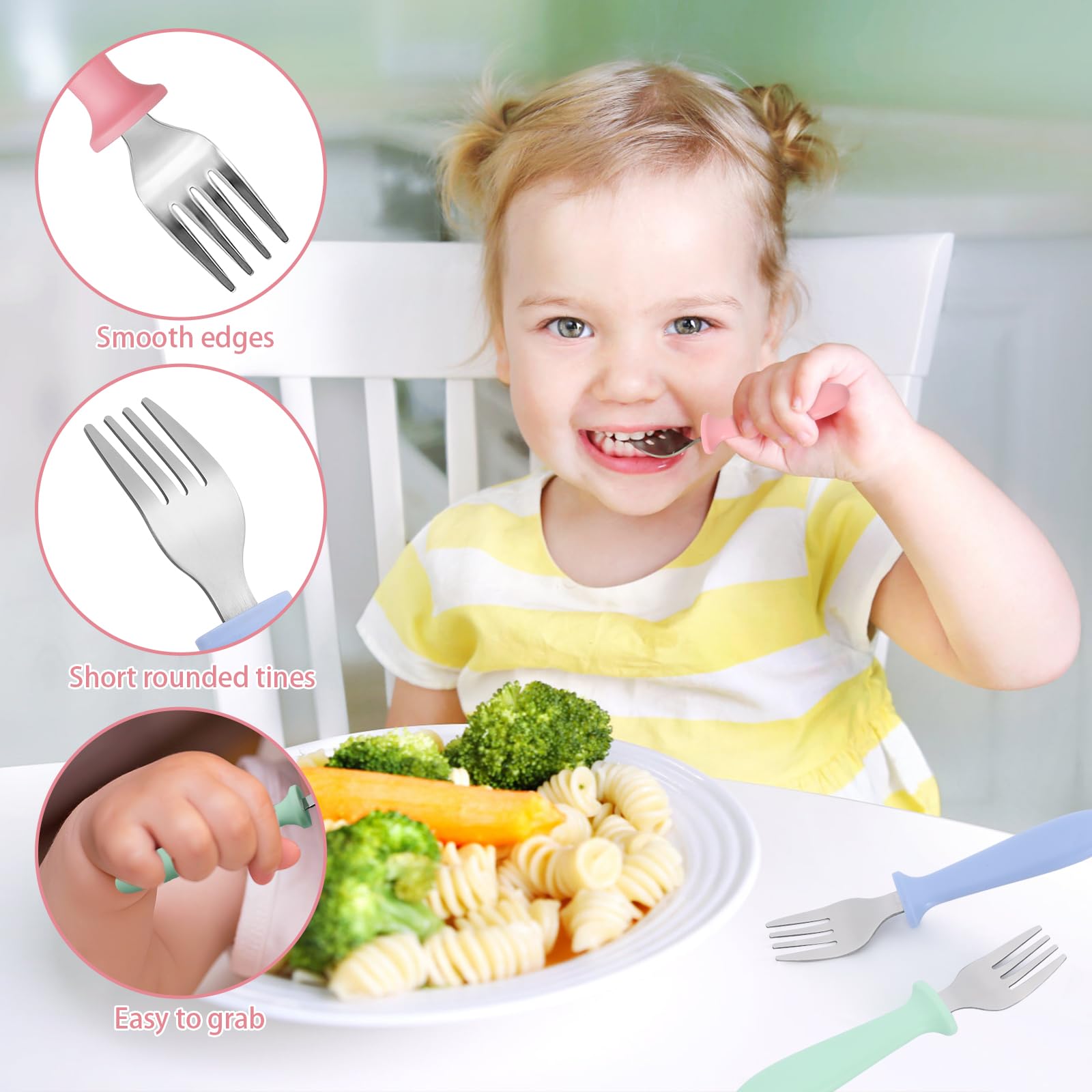 Pimoys toddler fork with ergonomic handle offers comfortable self-feeding.