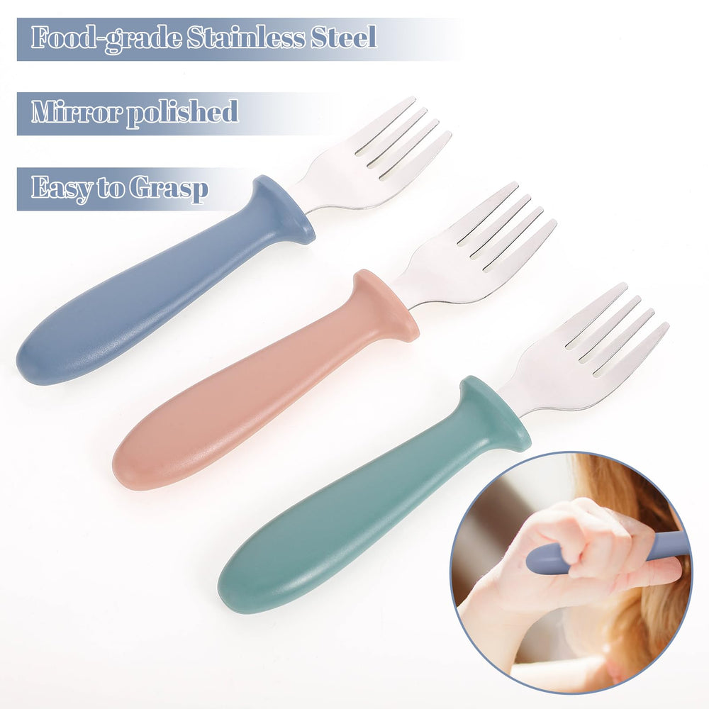 Pimoys toddler forks with plastic handles in a colorful set ready for self-feeding.