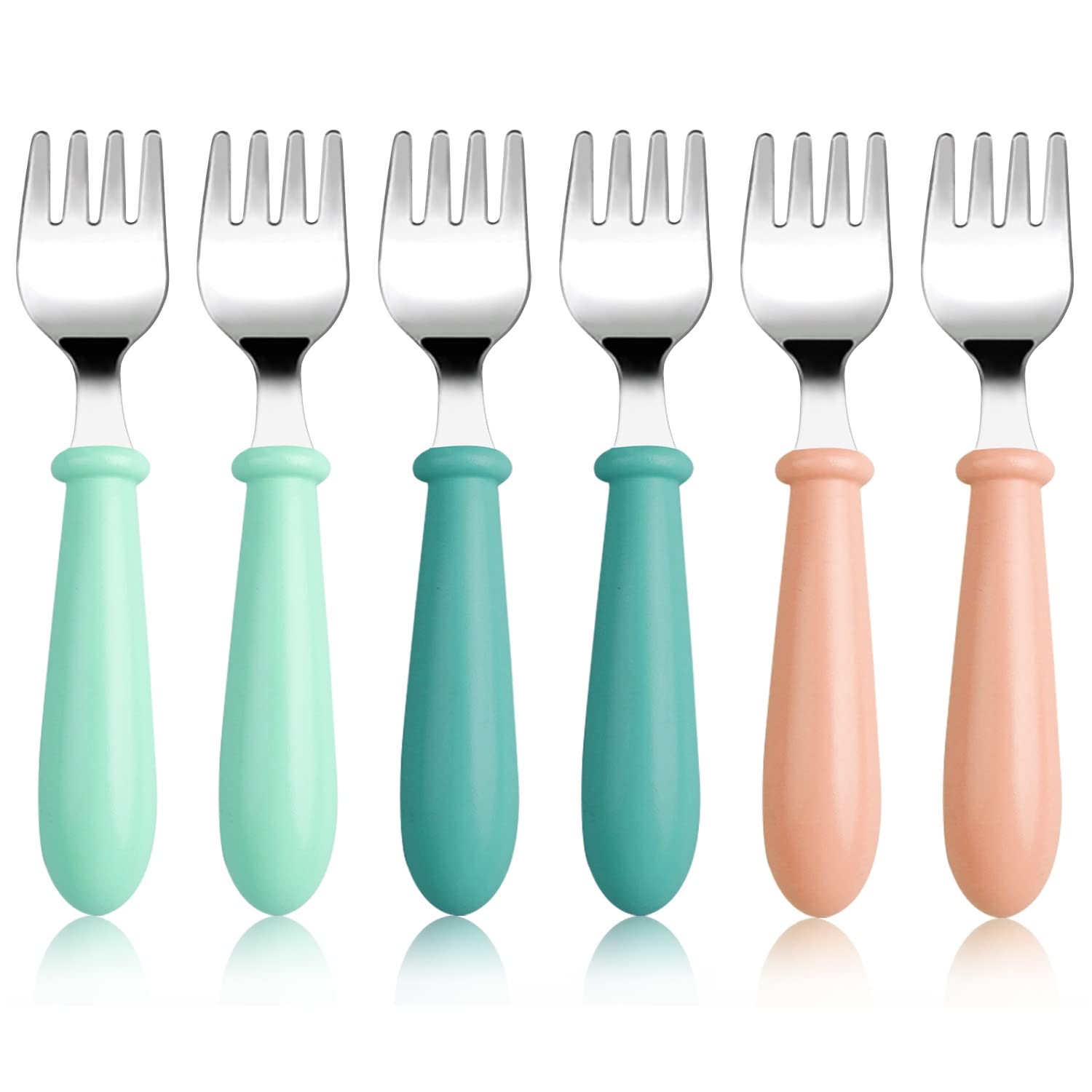 Pimoys toddler forks round-handle closeup for safe self-feeding.
