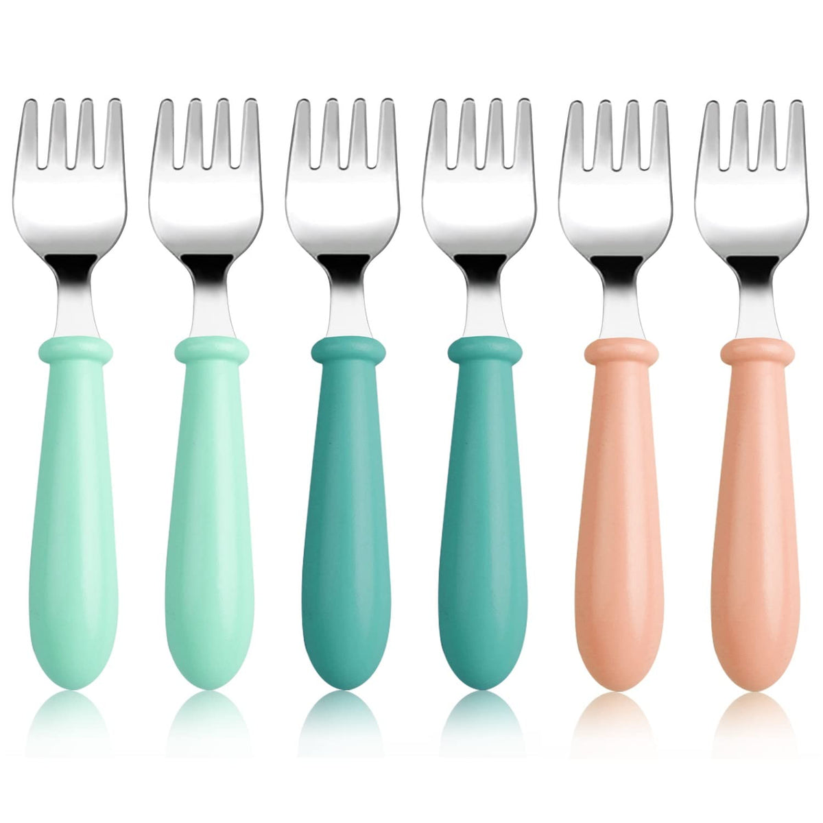 Pimoys toddler forks round-handle closeup for safe self-feeding.