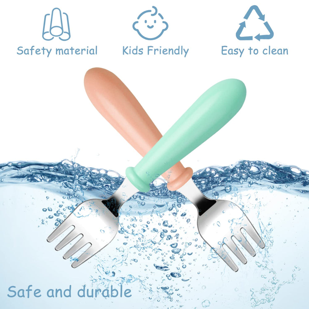 Pimoys toddler forks round-handle dishwasher-safe for easy cleaning.