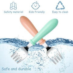 Pimoys toddler forks round-handle dishwasher-safe for easy cleaning.