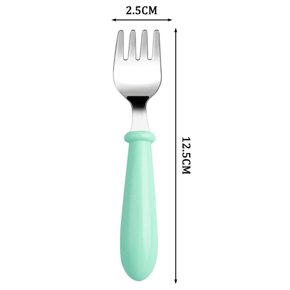 Pimoys toddler forks round-handle three-color set for versatile meals.