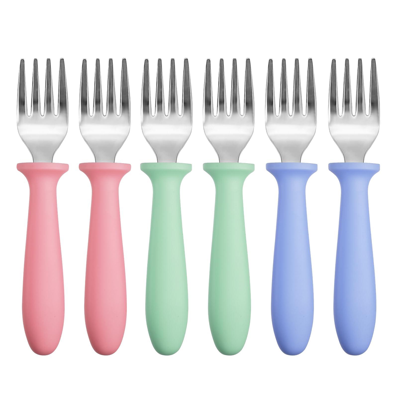 Pimoys toddler forks 6-pack with plastic handles promote easy self-feeding.