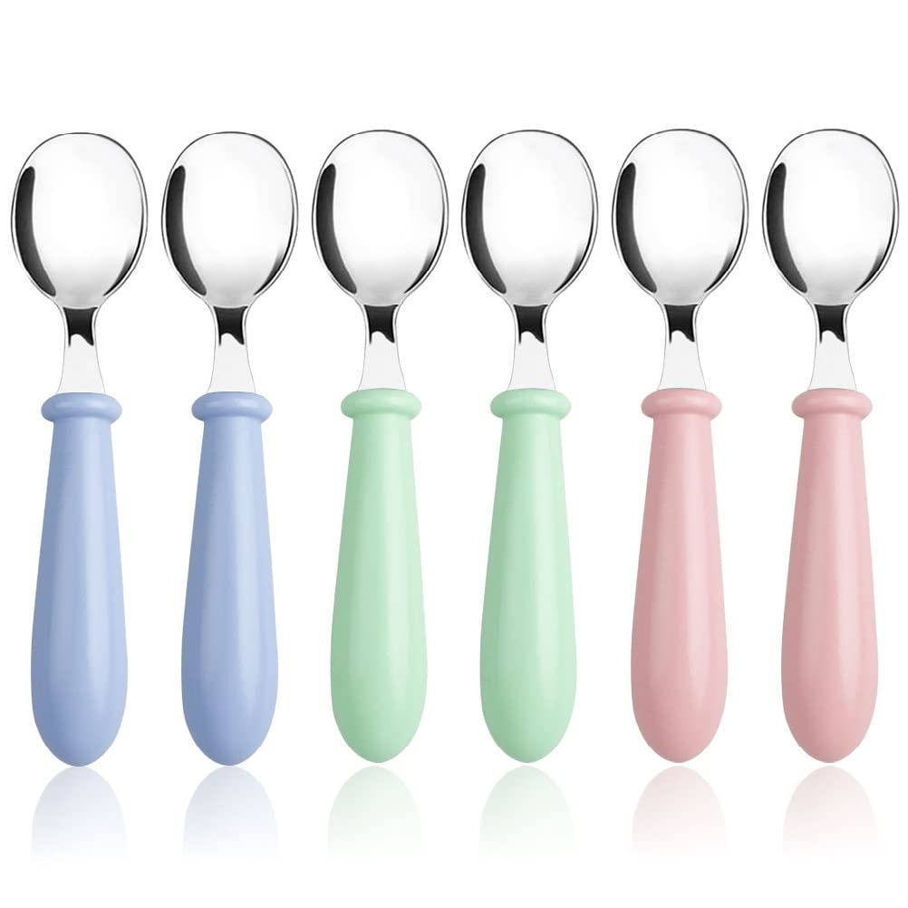 Pimoys toddler spoons round-handle closeup shows kid friendly grip for self feeding.