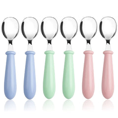 Pimoys toddler spoons round-handle closeup shows kid friendly grip for self feeding.