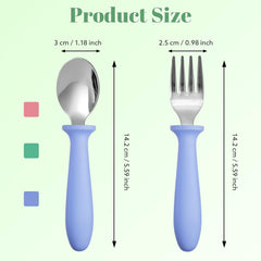 Pimoys toddler spoons with ergonomic handles for comfortable grip.