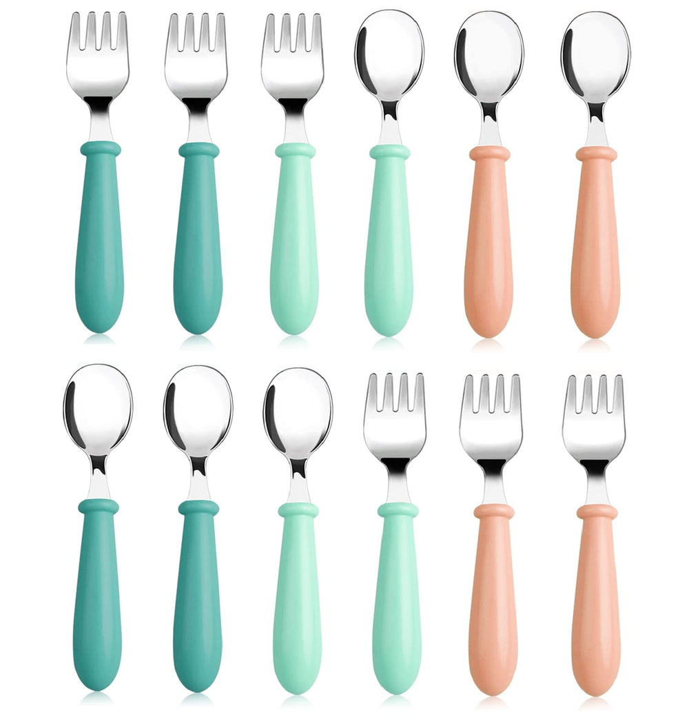 Pimoys 12-piece toddler utensils set with forks and spoons, ideal for self-feeding at home.