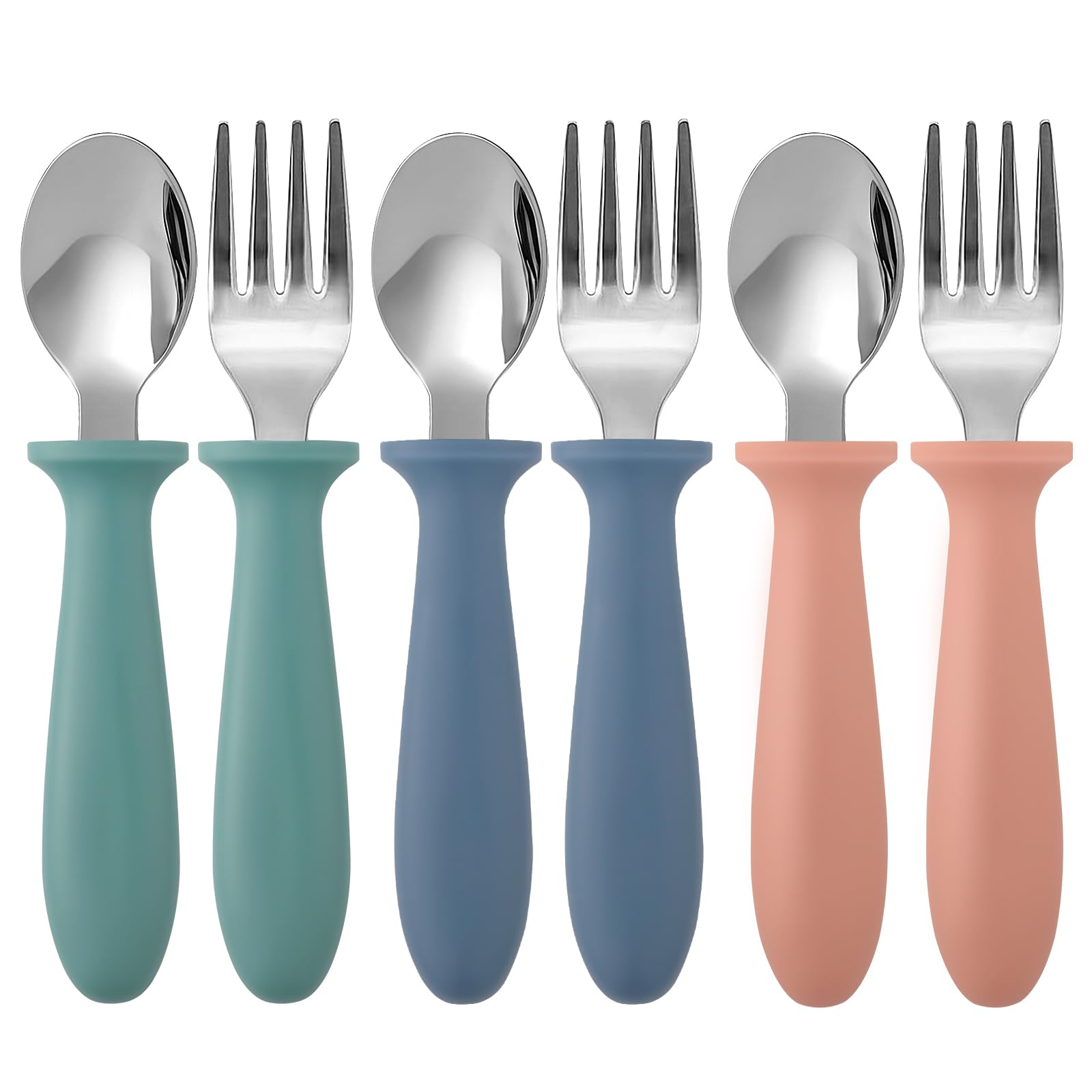Pimoys 6-piece toddler utensils pack-shot with colorful forks and spoons for easy self-feeding.