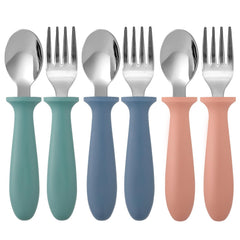 Pimoys 6-piece toddler utensils pack-shot with colorful forks and spoons for easy self-feeding.
